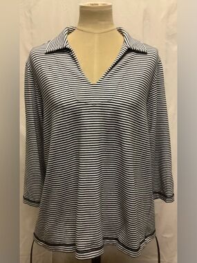 L.L. Bean Vintage Black White Stripe Shirt Top-V-Neck-3/4 Sleeve-Cotton Blend-XL